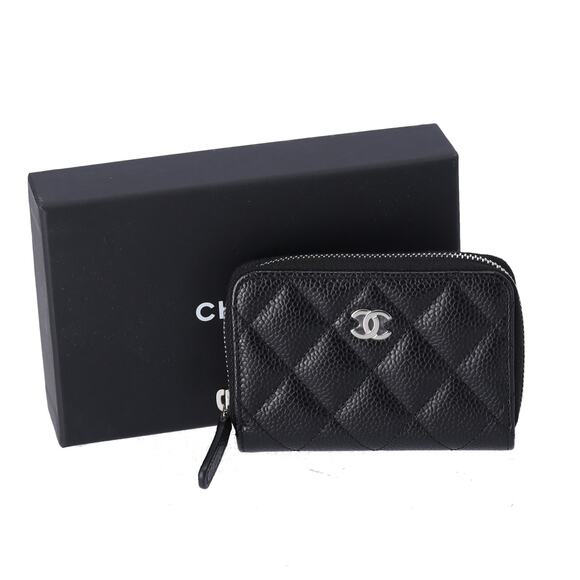 CHANEL Handbags - CHANEL Quilted Zip Card Wallet Caviar Leather Black